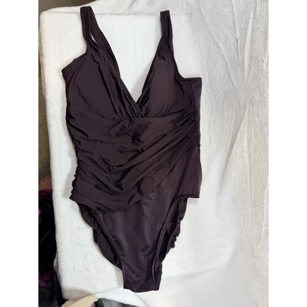 TRIMSHAPER One Piece Swimsuit SIZE 16 Brown Tummy Control Ruched Built In Bra - Picture 2 of 14